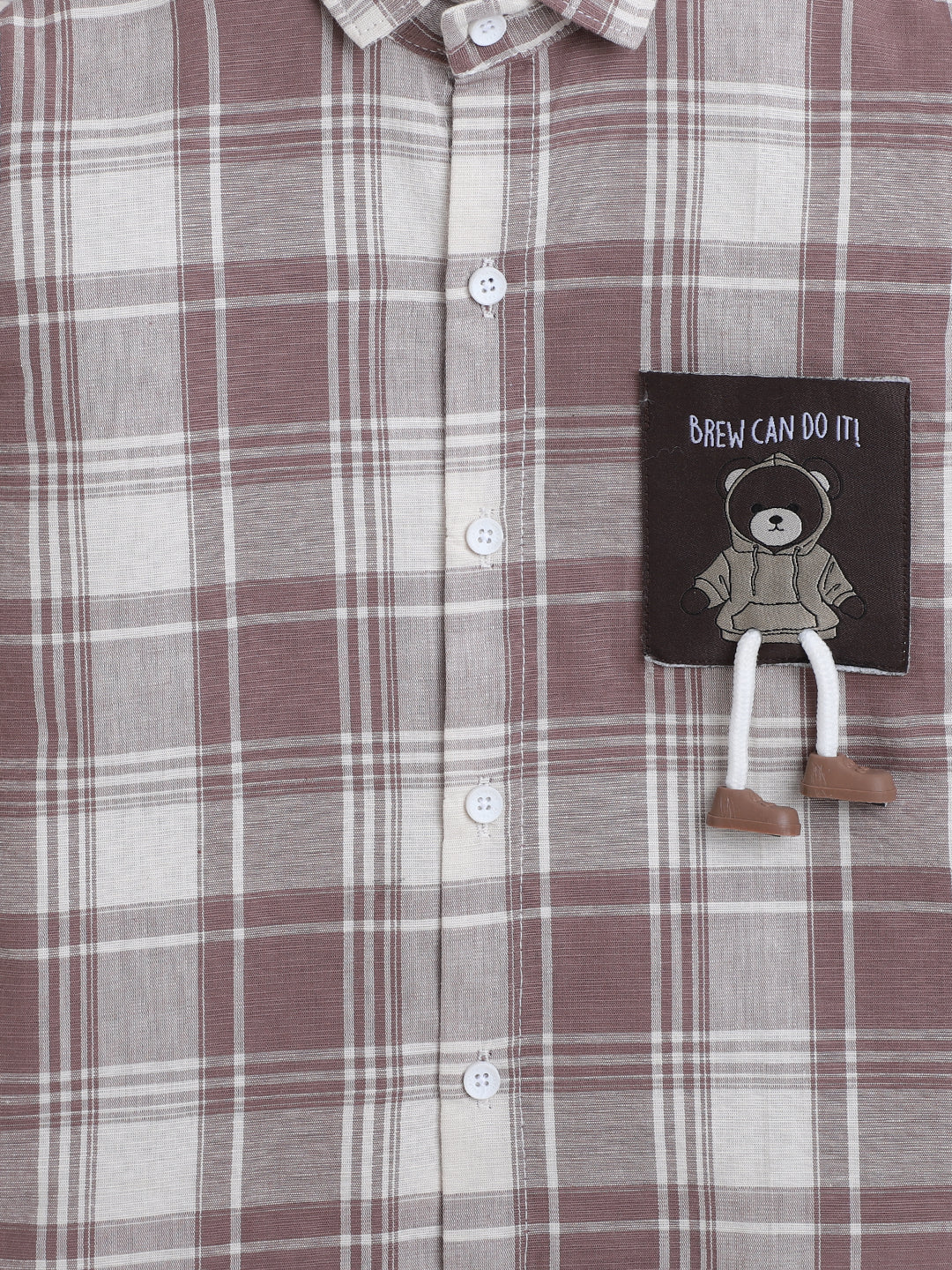 Polka Tots Full Sleeves Cotton Checked Shirt with Bear Patch - Brown