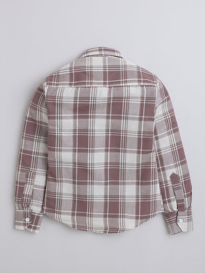 Polka Tots Full Sleeves Cotton Checked Shirt with Bear Patch - Brown