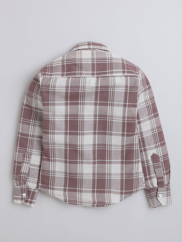Polka Tots Full Sleeves Cotton Checked Shirt with Bear Patch - Brown