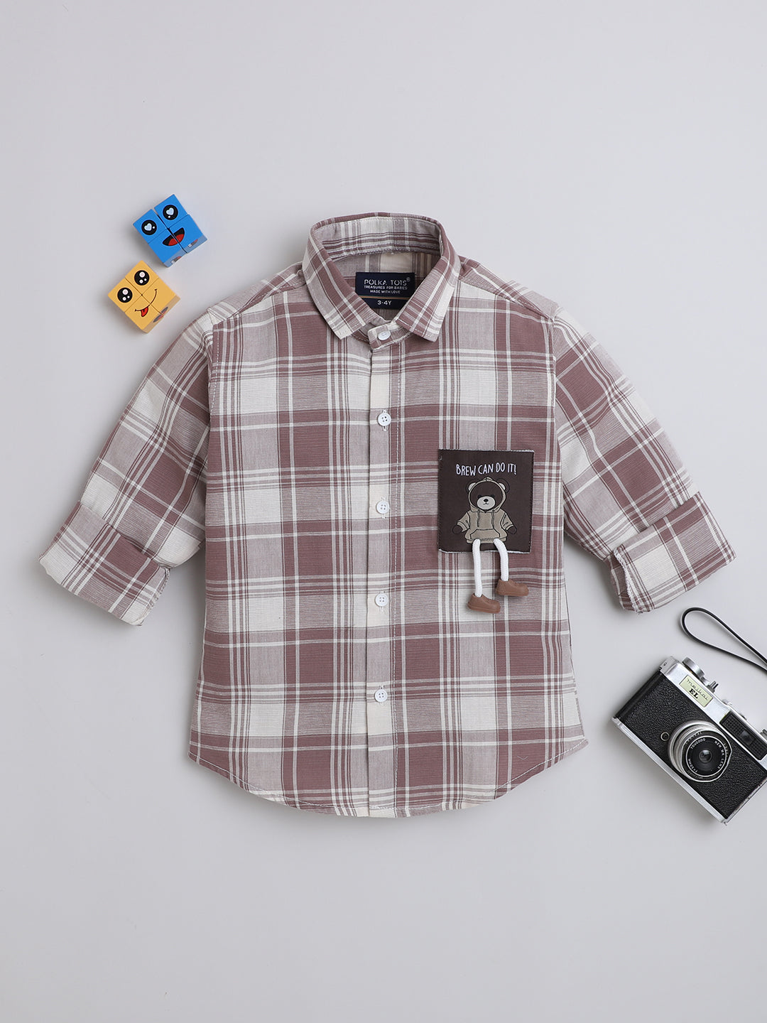Polka Tots Full Sleeves Cotton Checked Shirt with Bear Patch - Brown