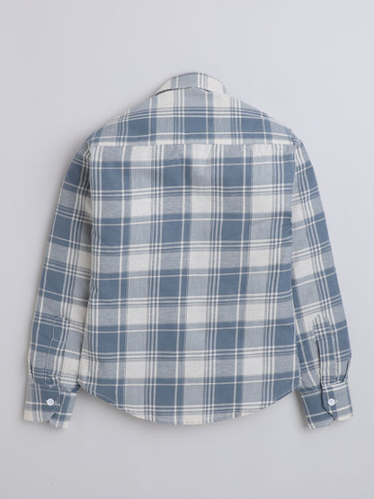 Polka Tots Full Sleeves Cotton Checked Shirt with Bear Patch - Blue