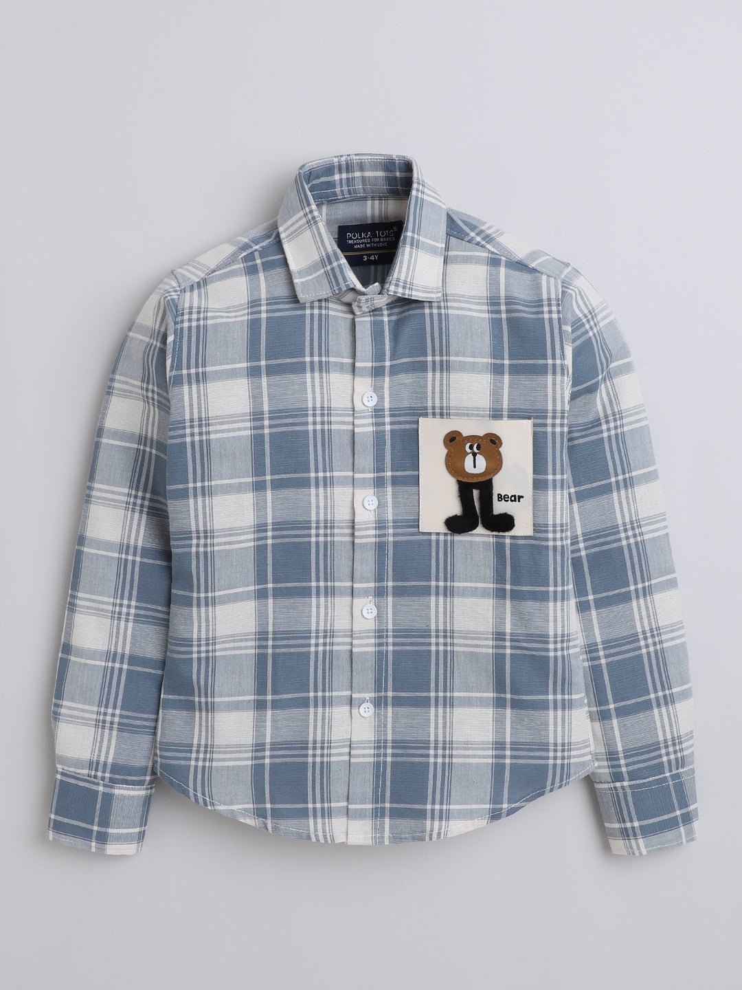 Polka Tots Full Sleeves Cotton Checked Shirt with Bear Patch - Blue