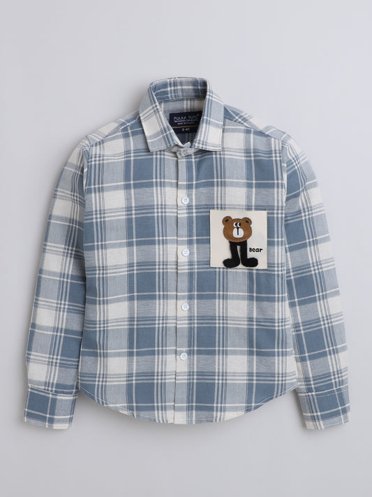 Polka Tots Full Sleeves Cotton Checked Shirt with Bear Patch - Blue
