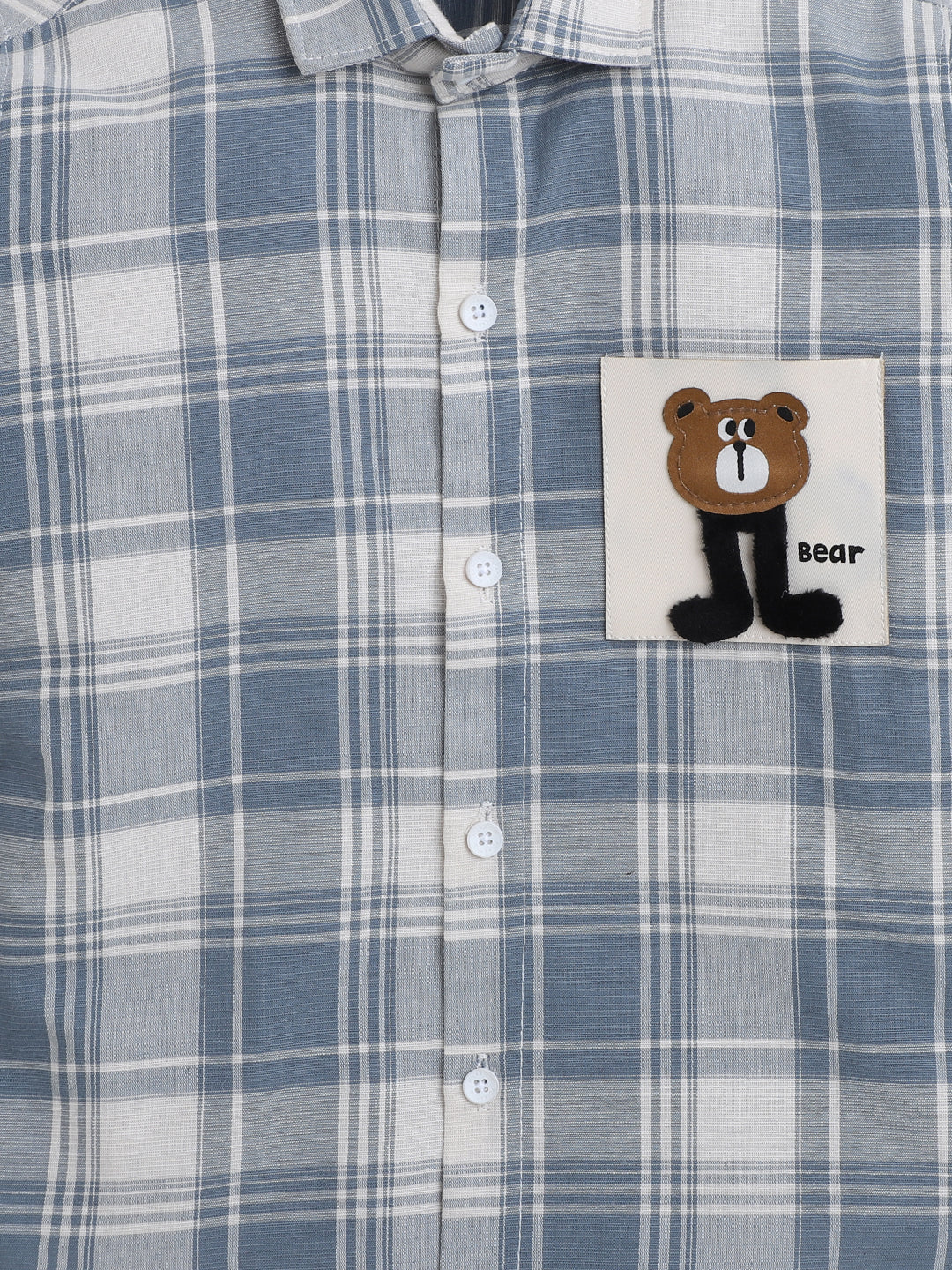 Polka Tots Full Sleeves Cotton Checked Shirt with Bear Patch - Blue