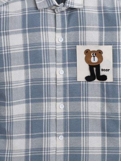 Polka Tots Full Sleeves Cotton Checked Shirt with Bear Patch - Blue