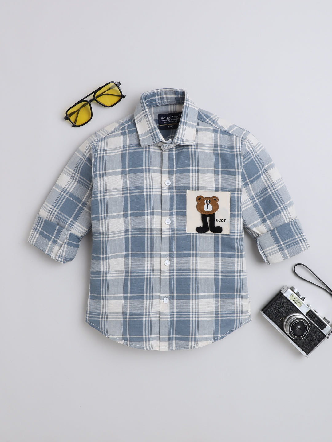 Polka Tots Full Sleeves Cotton Checked Shirt with Bear Patch - Blue