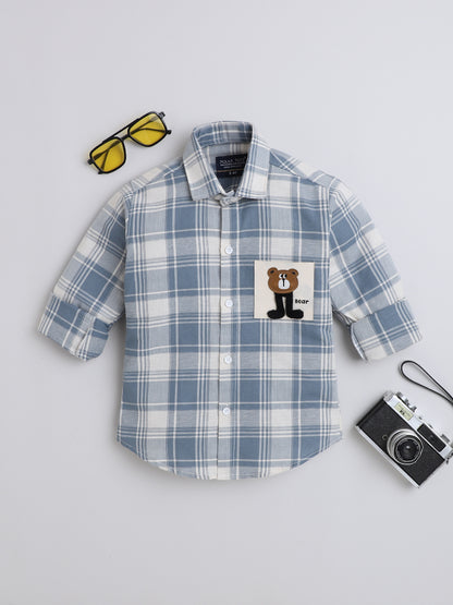 Polka Tots Full Sleeves Cotton Checked Shirt with Bear Patch - Blue