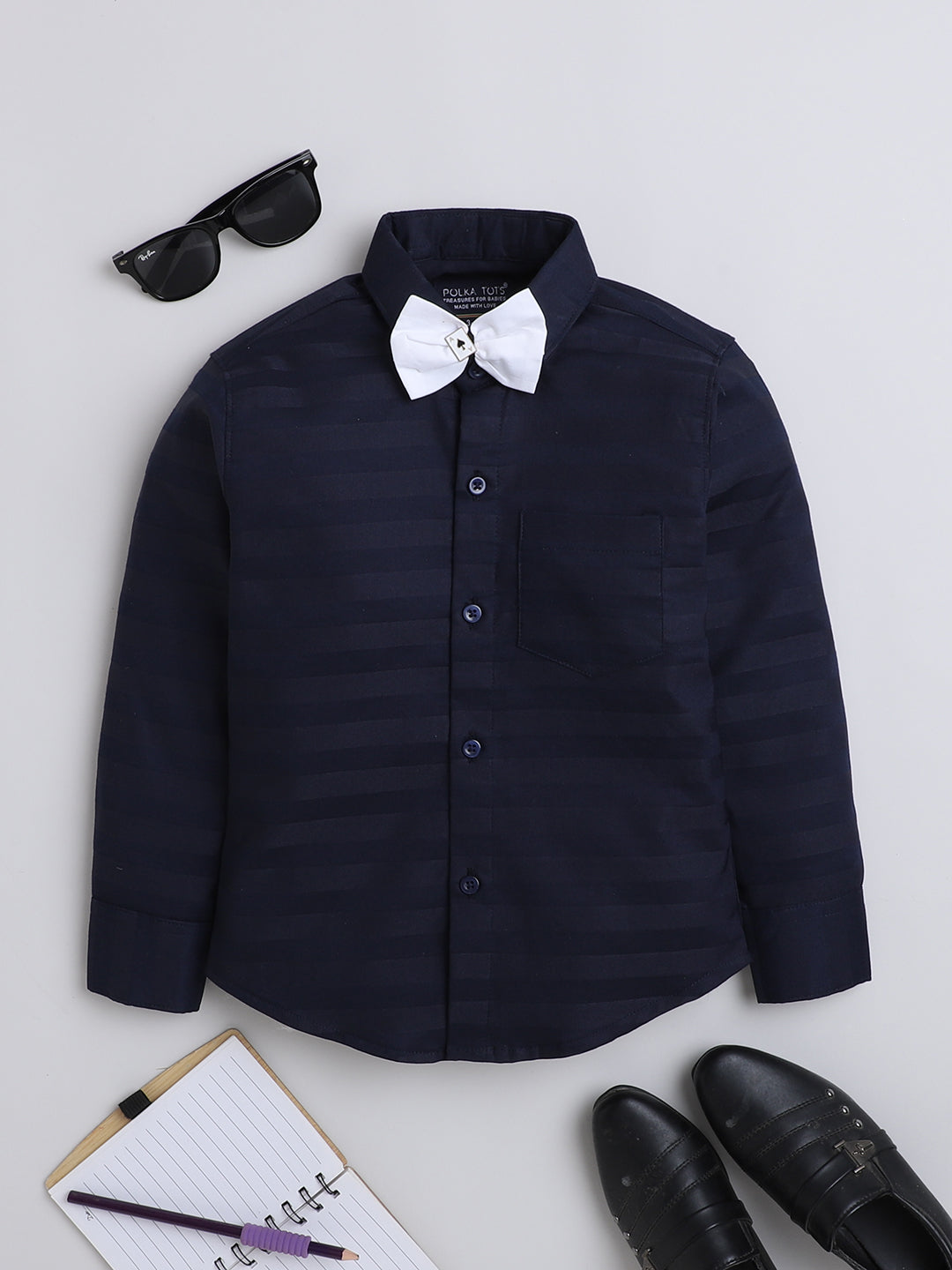 Polka Tots Full Sleeves Cotton Shirt with Bow Tie - Navy