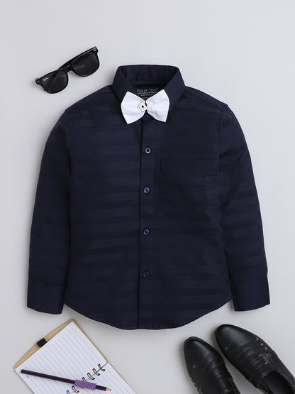 Polka Tots Full Sleeves Cotton Shirt with Bow Tie - Navy