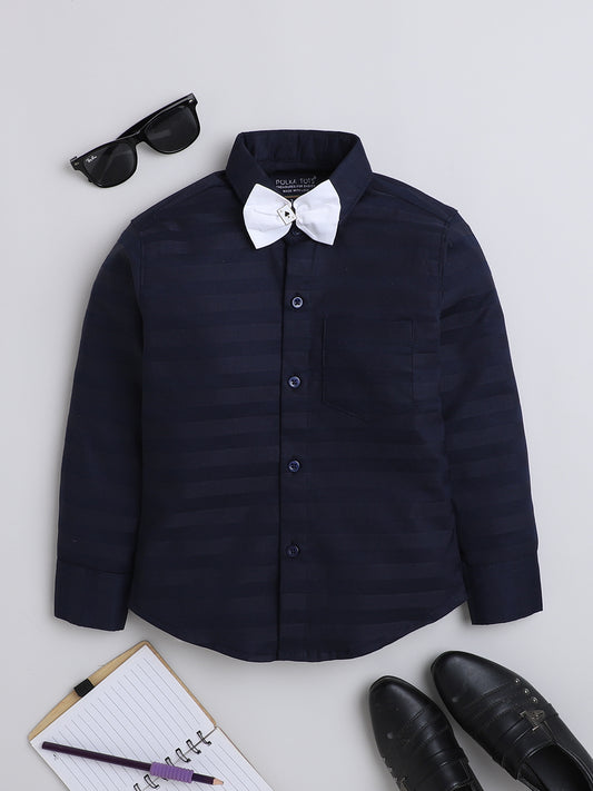 Polka Tots Full Sleeves Cotton Shirt with Bow Tie - Navy