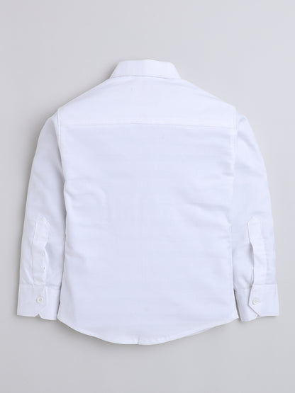 Polka Tots Full Sleeves Cotton Shirt with Bow Tie - White