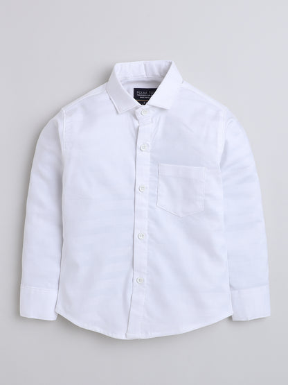 Polka Tots Full Sleeves Cotton Shirt with Bow Tie - White
