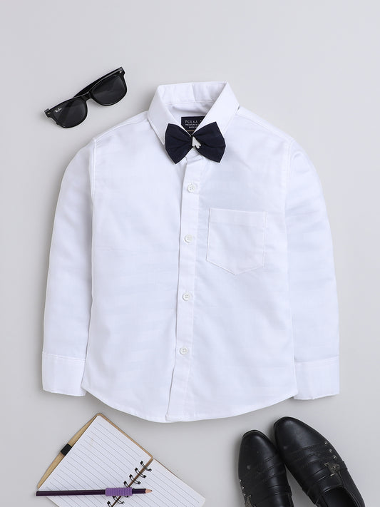 Polka Tots Full Sleeves Cotton Shirt with Bow Tie - White