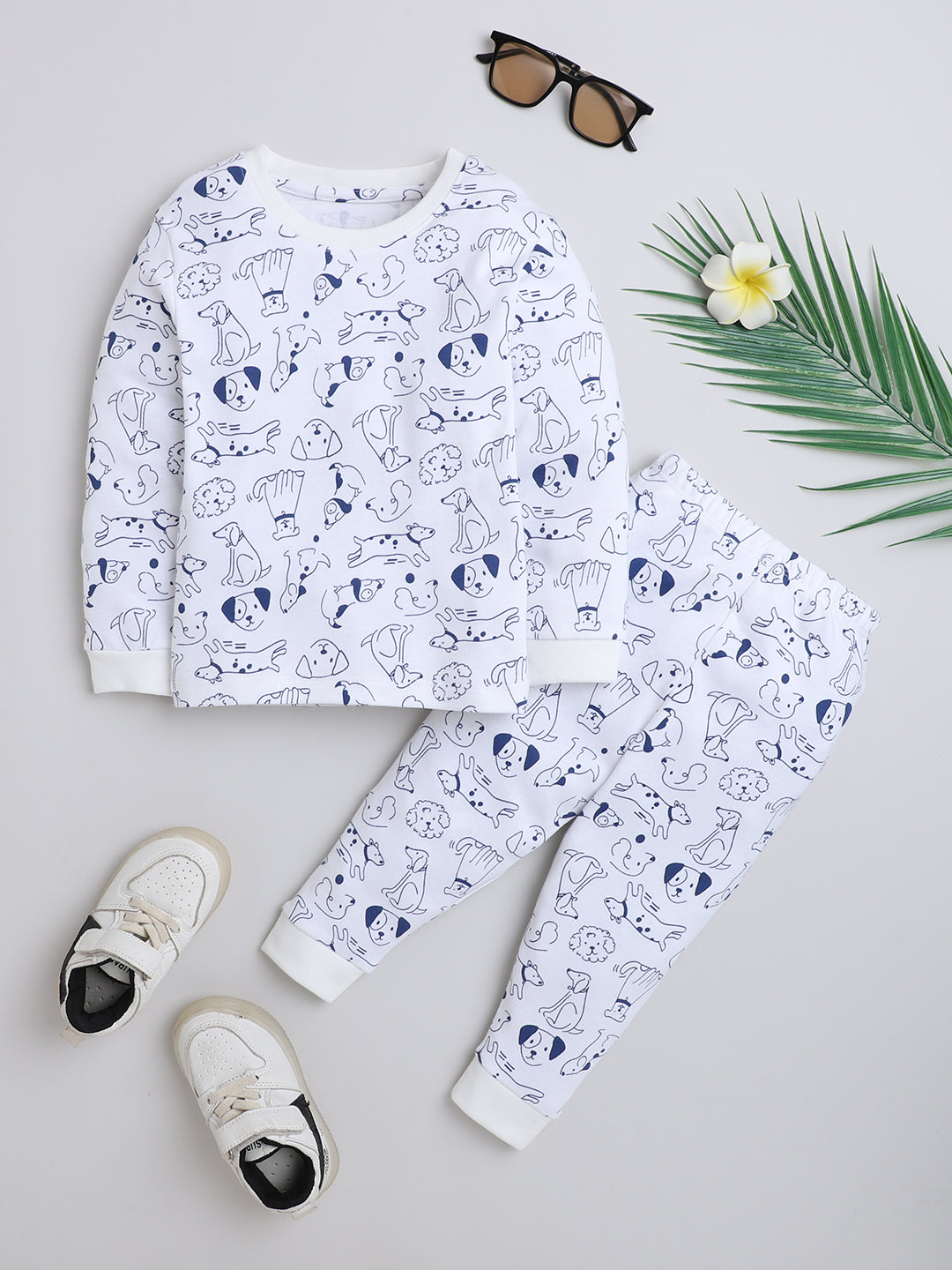 Polka Tots Full Sleeve Puppy Print Co-ord Joggers - White