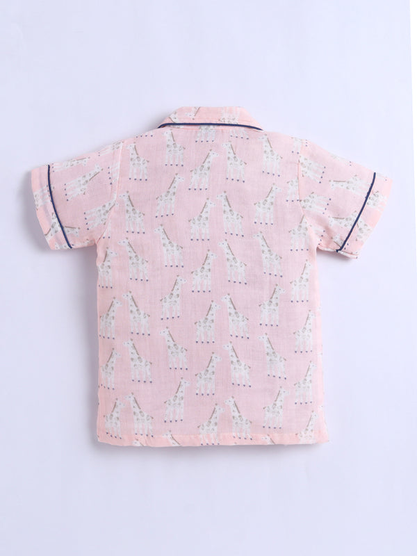 MulMul Sparsh Half Sleeve Giraffe Print Muslin Cotton Night Suit – Pink