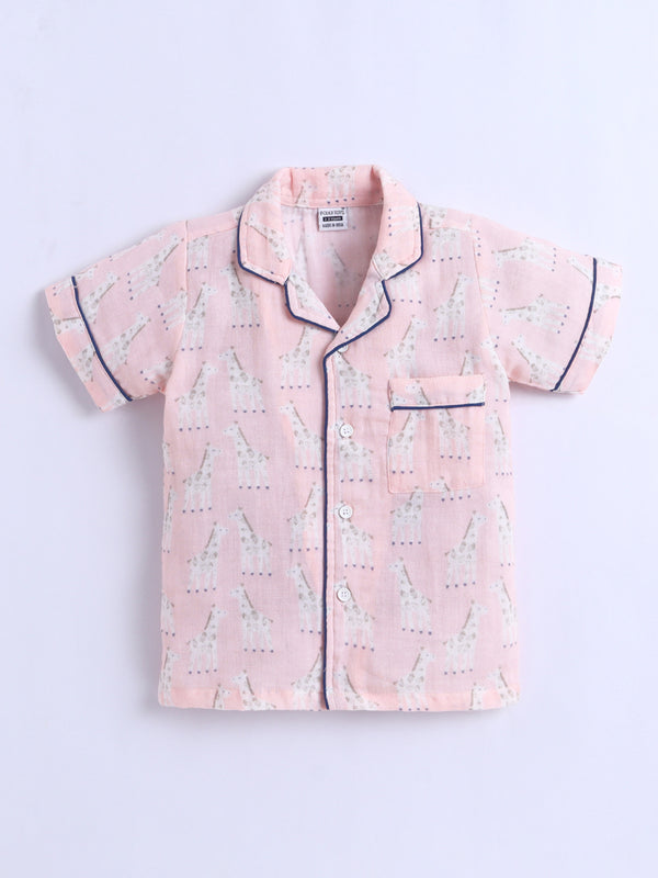 MulMul Sparsh Half Sleeve Giraffe Print Muslin Cotton Night Suit – Pink