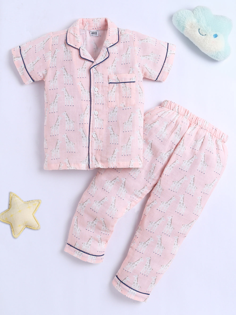 MulMul Sparsh Half Sleeve Giraffe Print Muslin Cotton Night Suit – Pink