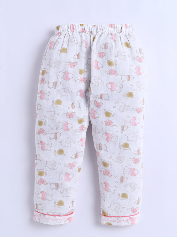 MulMul Sparsh Half Sleeve Animal Print Muslin Cotton Night Suit – White