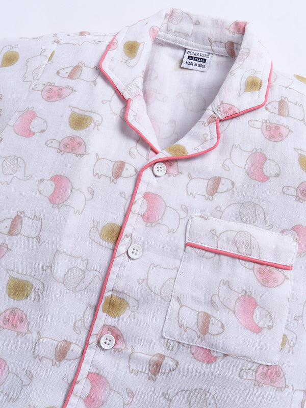 MulMul Sparsh Half Sleeve Animal Print Muslin Cotton Night Suit – White