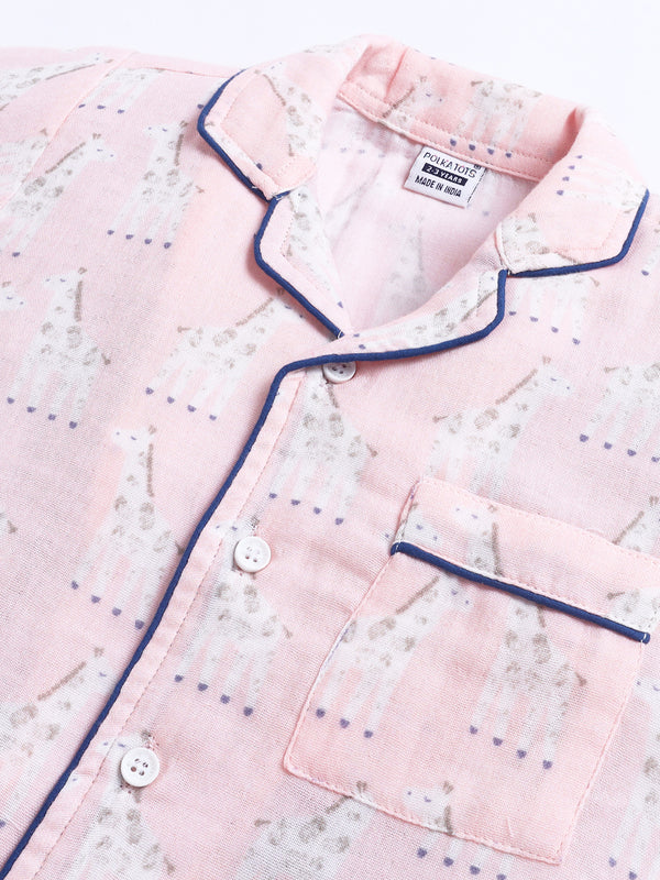 MulMul Sparsh Half Sleeve Giraffe Print Muslin Cotton Night Suit – Pink