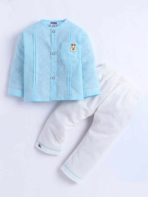 Polka Tots Full-Sleeves Bunny Patch Pocket  Jhabla and Pant Set- Blue