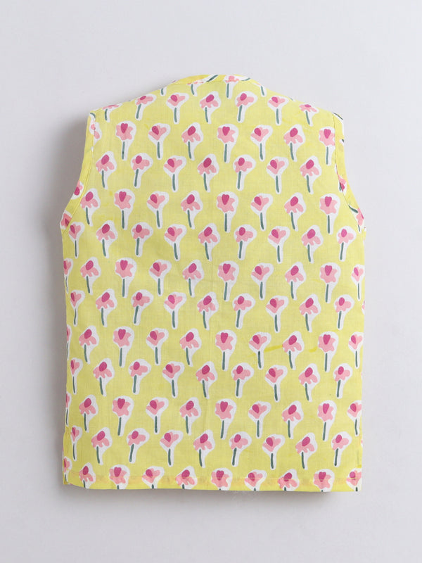Polka Tots Pink Petal Pops print Sleeveless Jhabla and Pant Set - Yellow