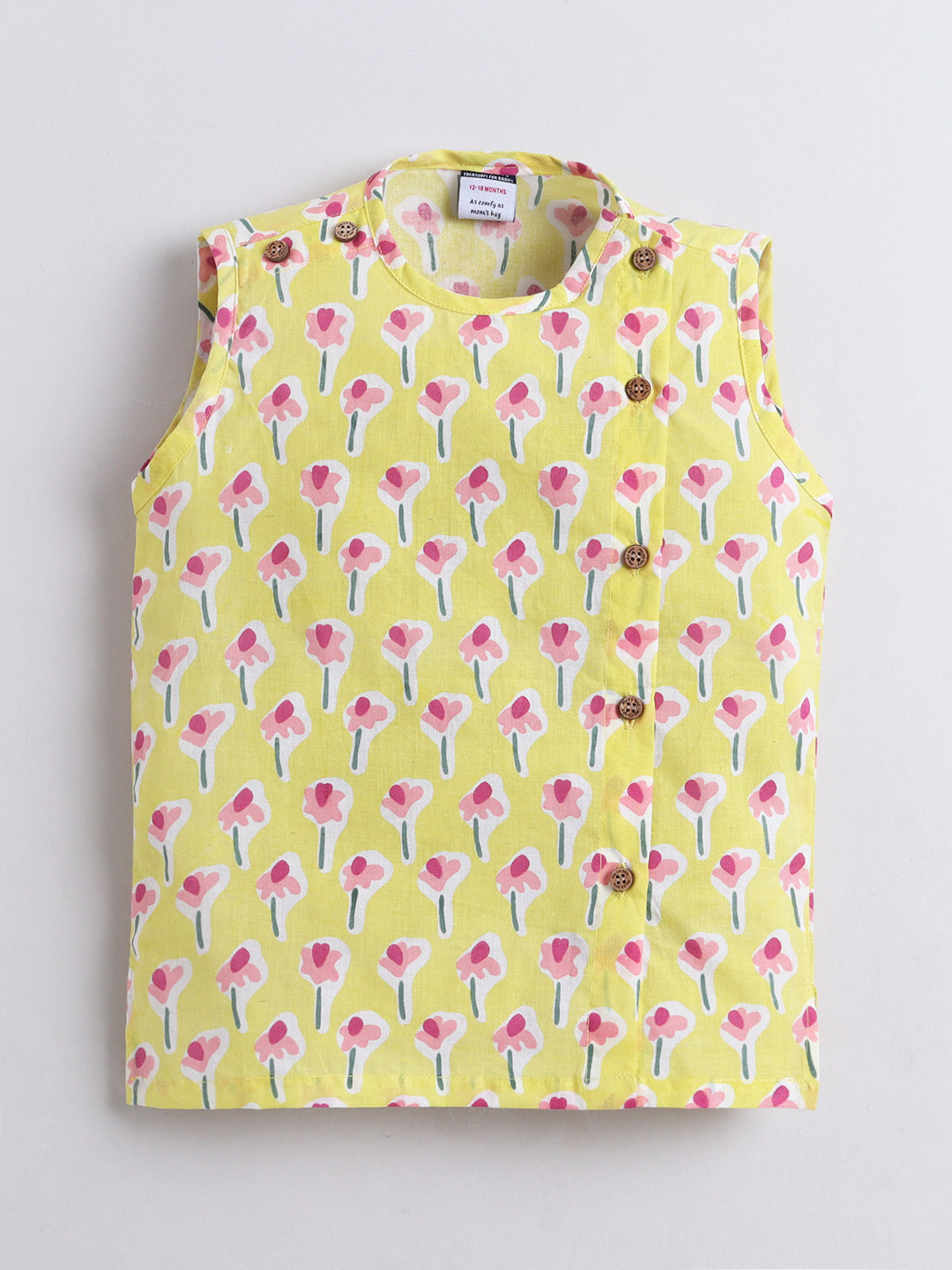 Polka Tots Pink Petal Pops print Sleeveless Jhabla and Pant Set - Yellow