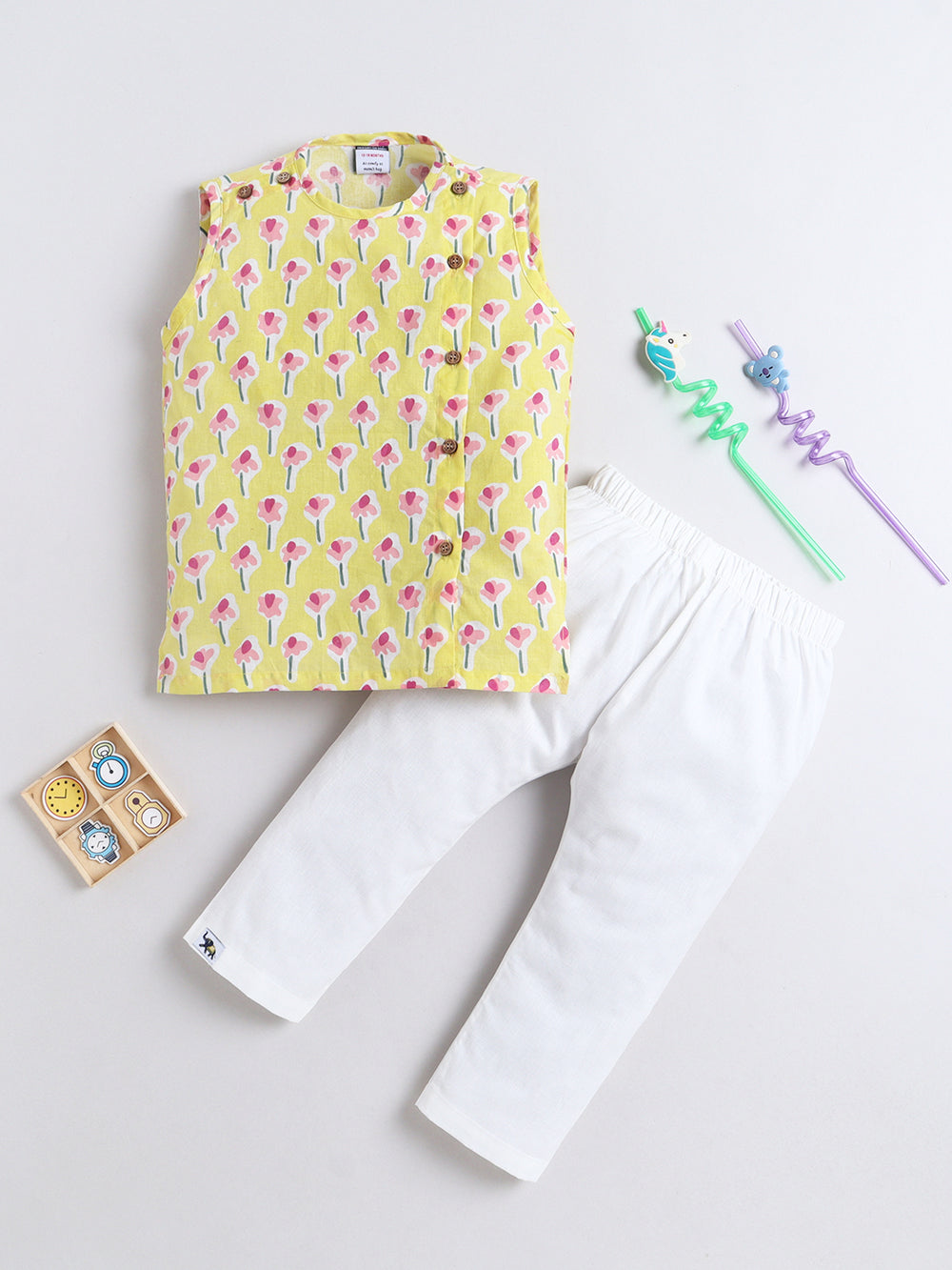 Polka Tots Pink Petal Pops print Sleeveless Jhabla and Pant Set - Yellow
