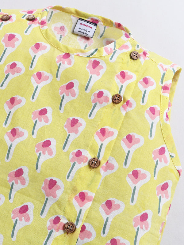 Polka Tots Pink Petal Pops print Sleeveless Jhabla and Pant Set - Yellow