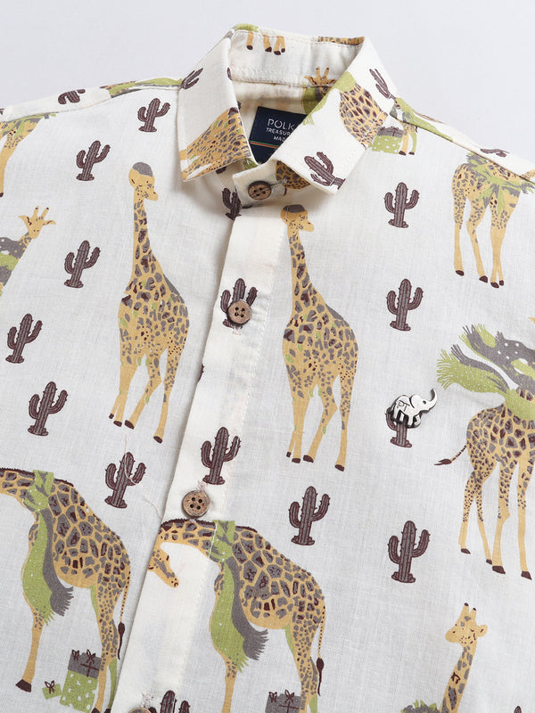 Polka Tots Half Sleeves Animal print Shirt - Mustard