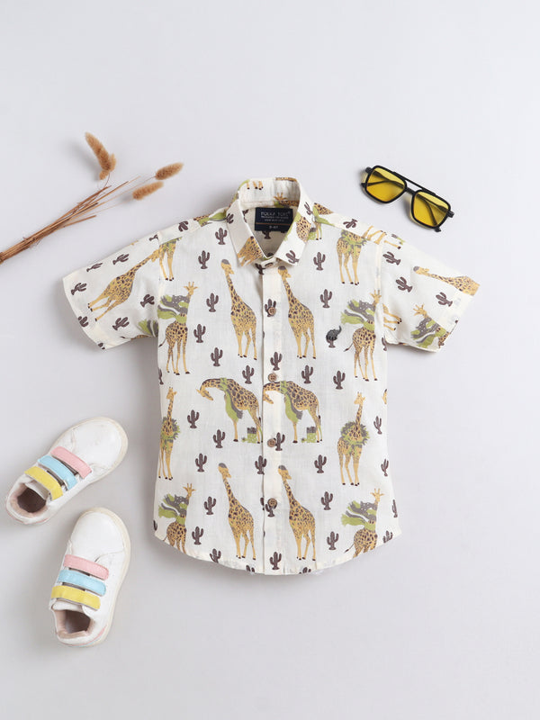 Polka Tots Half Sleeves Animal print Shirt - Mustard
