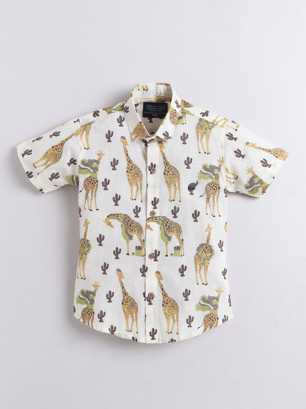 Polka Tots Half Sleeves Animal print Shirt - Mustard