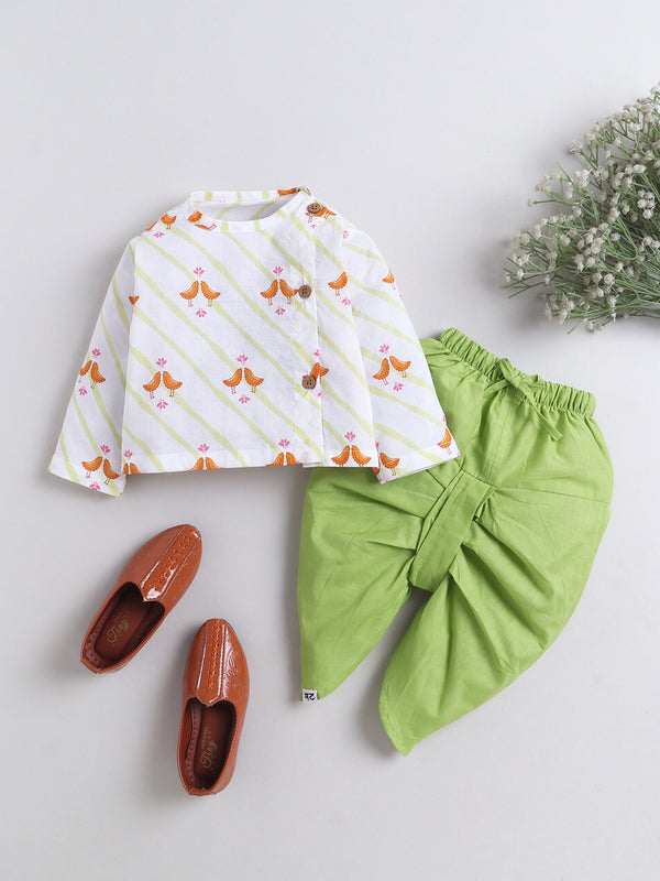 Polka Tots Full Sleeve Mithi Chidiya Print Angrakha Top With Dhoti - Green