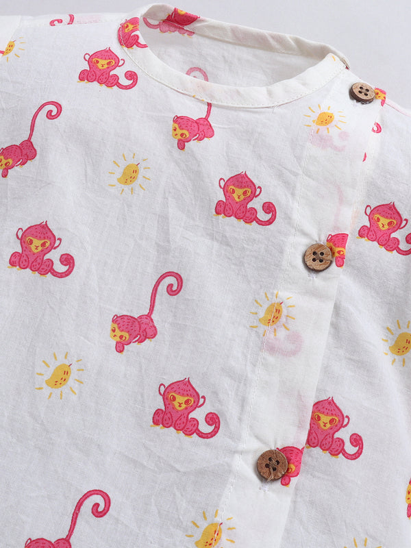 Polka Tots Full Sleeve Nautanki Bandar Print Kurta With Dhoti -Pink