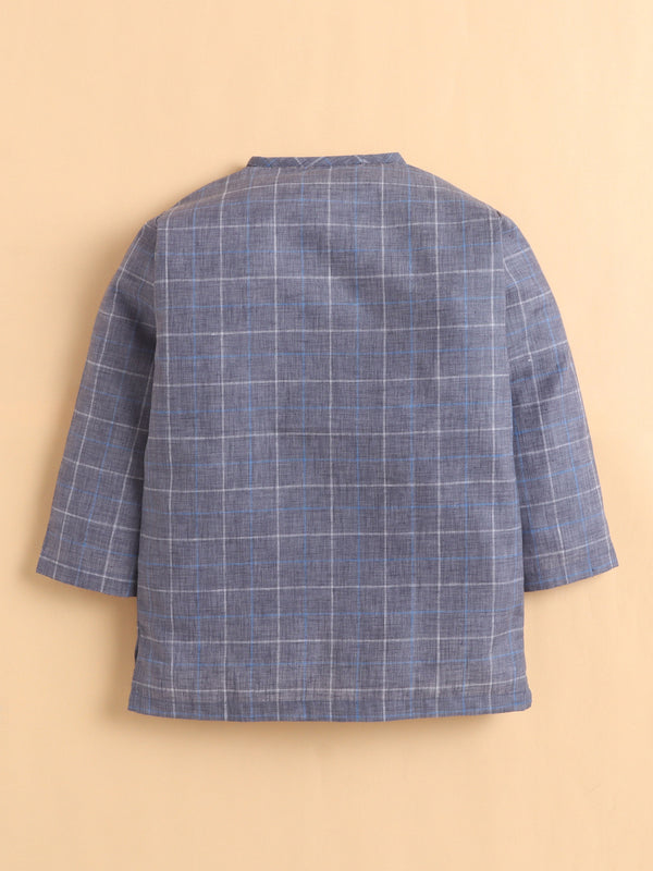 Polka Tots Full Sleeve Elephant Patch Checks Angrakha Top With Dhoti - Blue