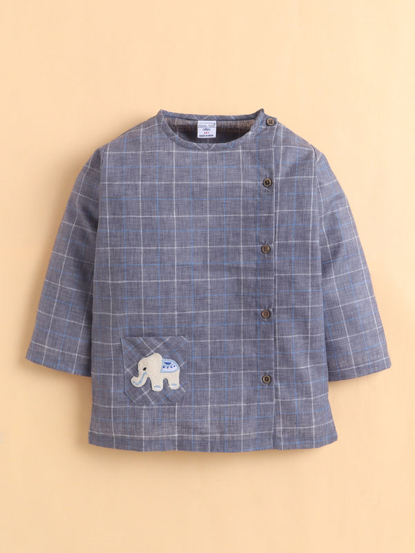 Polka Tots Full Sleeve Elephant Patch Checks Angrakha Top With Dhoti - Blue
