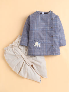 Polka Tots Full Sleeve Elephant Patch Checks Angrakha Top With Dhoti - Blue