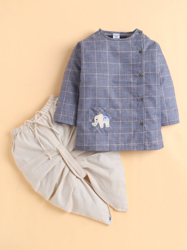 Polka Tots Full Sleeve Elephant Patch Checks Angrakha Top With Dhoti - Blue