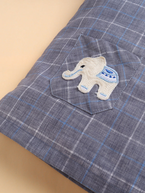 Polka Tots Full Sleeve Elephant Patch Checks Angrakha Top With Dhoti - Blue