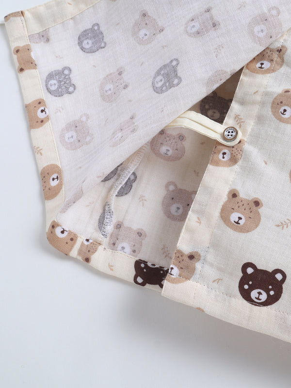 Polka Tots Wrinkled Muslin Cotton Teddy Print Kediya Jhabla & Pant Set - Off White