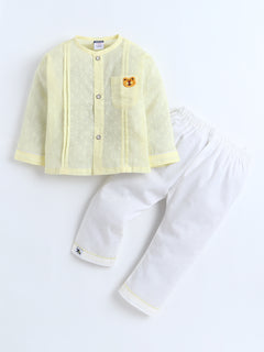 Polka Tots Full-Sleeves Bear Patch Pocket Pleated Jhabla & Pant Set – Yellow