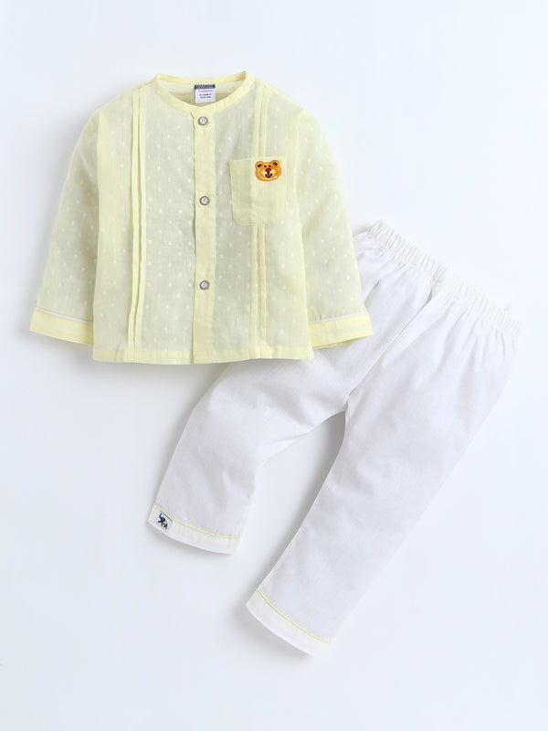 Polka Tots Full-Sleeves Bear Patch Pocket Pleated Jhabla & Pant Set – Yellow