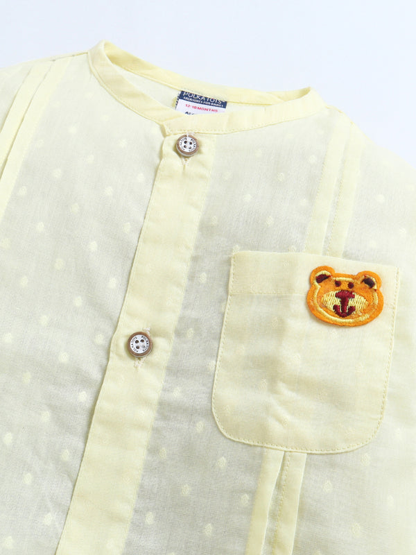 Polka Tots Full-Sleeves Bear Patch Pocket Pleated Jhabla & Pant Set – Yellow