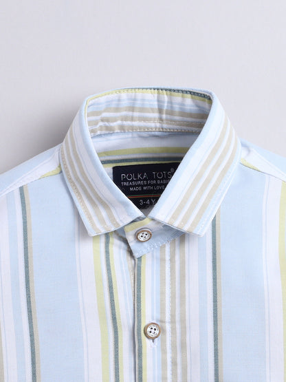 Polka Tots Full Sleeves Lining print Cotton Shirt - Blue