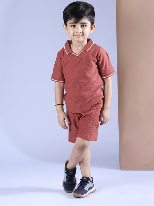 Polka Tots Half Sleeves Polo T-Shirt Shorts - Brown