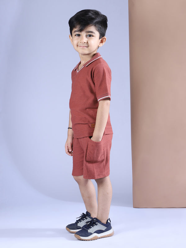 Polka Tots Half Sleeves Polo T-Shirt Shorts - Brown