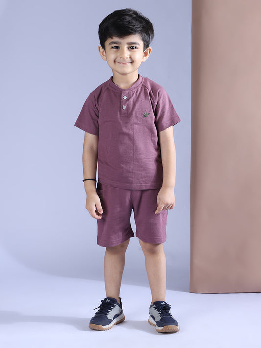 Polka Tots Half Sleeves Solid T-Shirt Shorts - Maroon