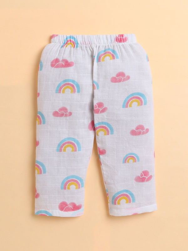 Polka Tots Soft Muslin Cotton Full sleeves Rainbow Mist print Jhabla and Pant Set - Multicolor