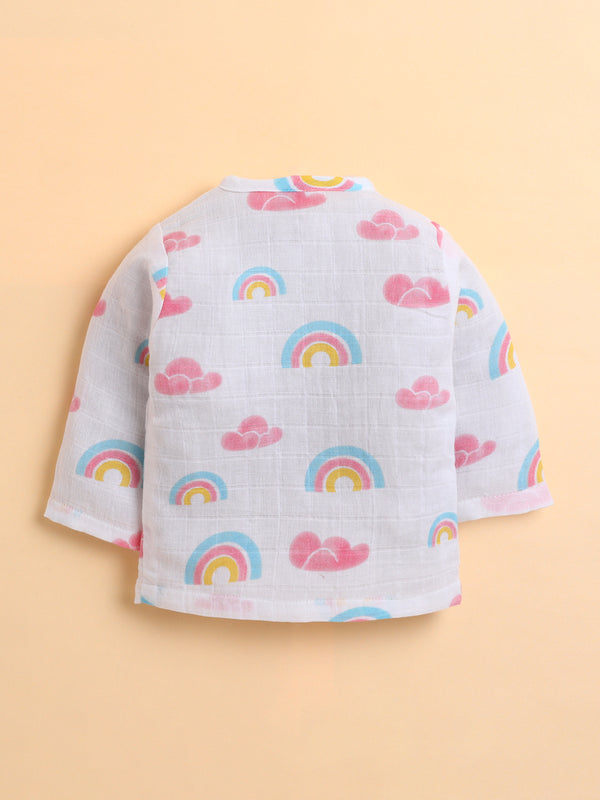 Polka Tots Soft Muslin Cotton Full sleeves Rainbow Mist print Jhabla and Pant Set - Multicolor