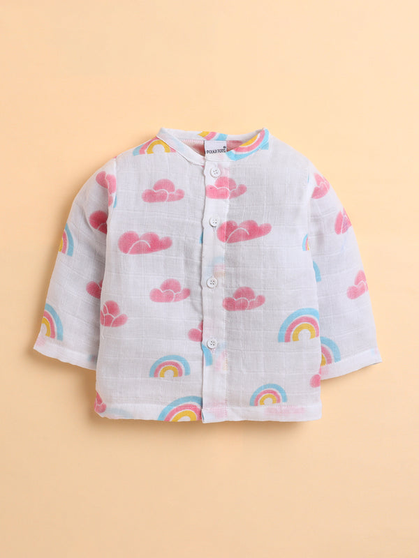 Polka Tots Soft Muslin Cotton Full sleeves Rainbow Mist print Jhabla and Pant Set - Multicolor